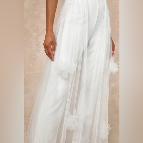 Lulus Modern Devotion White 3D Flower Tulle Overlay Pant Jumpsuit, White,Size S - Picture 5 of 16